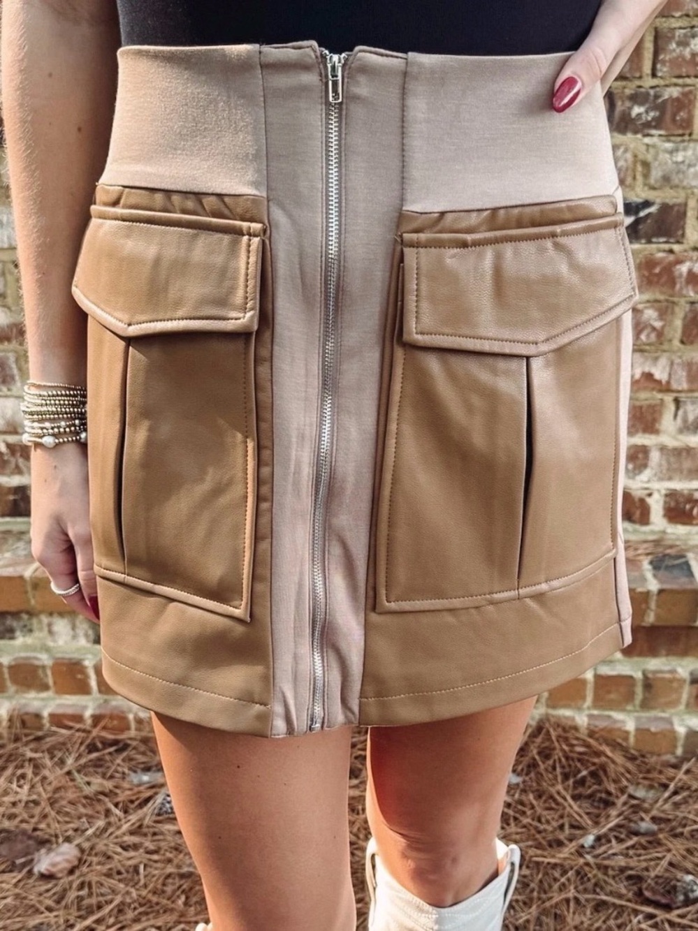 fab'rik Two-Tone Tan Mini Skirt with Front Cargo Pockets